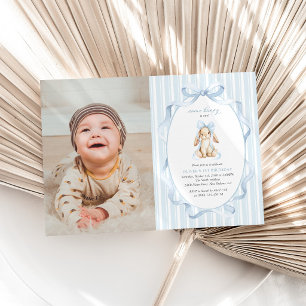 Cute Bunny, Blue Bow, Blue Stripes, First Birthday Invitation