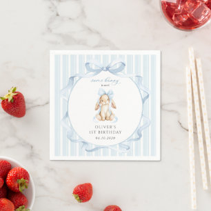 Cute Bunny, Blue Bow, Blue Stripes, First Birthday Napkin