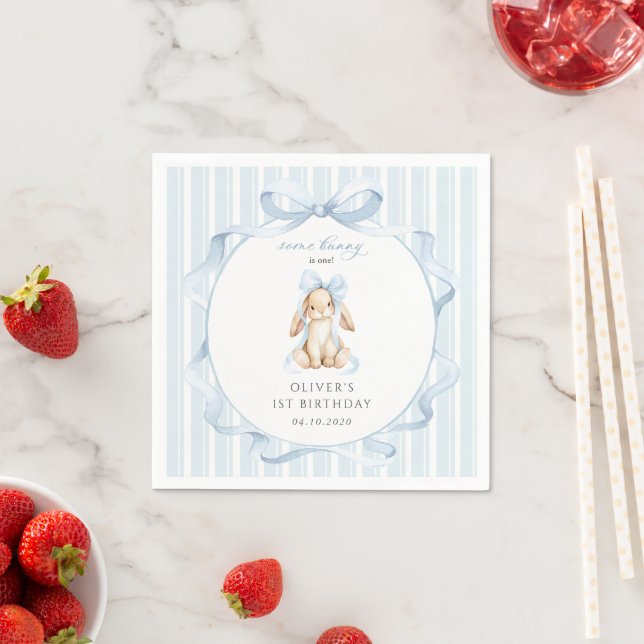 Cute Bunny, Blue Bow, Blue Stripes, First Birthday Napkin (Insitu)