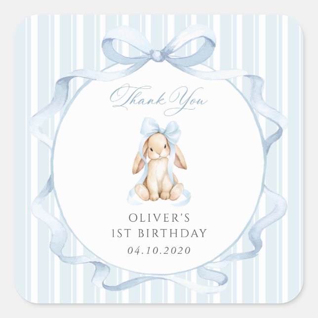 Cute Bunny, Blue Bow, Blue Stripes, First Birthday Square Sticker (Front)