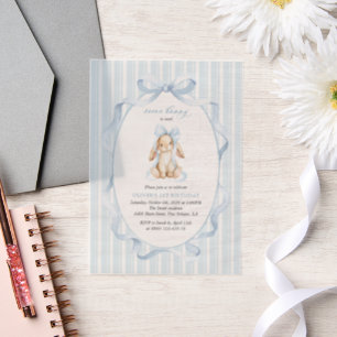 Cute Bunny, Blue Bow, Blue Stripes, First Birthday Vellum Invitations