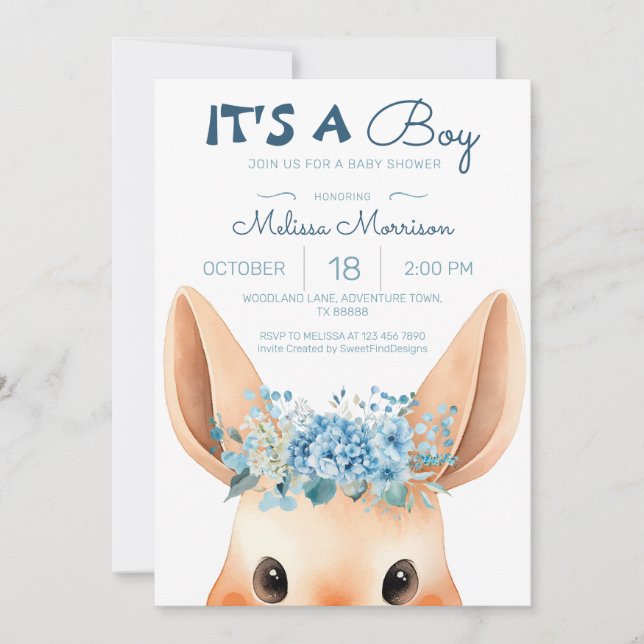 Cute Bunny Blue Floral Baby Boy Shower Invitation (Front)