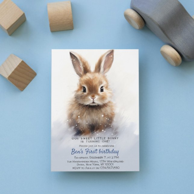 Cute Bunny Blue Winter Custom Birthday Party Invitation (Creator Uploaded)