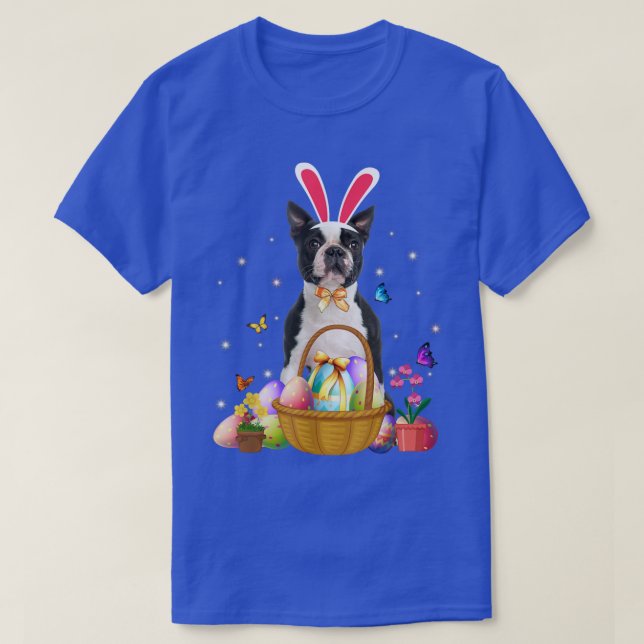 Cute Bunny Boston Terrier Dog Easter Eggs Basket E T-Shirt (Design Front)