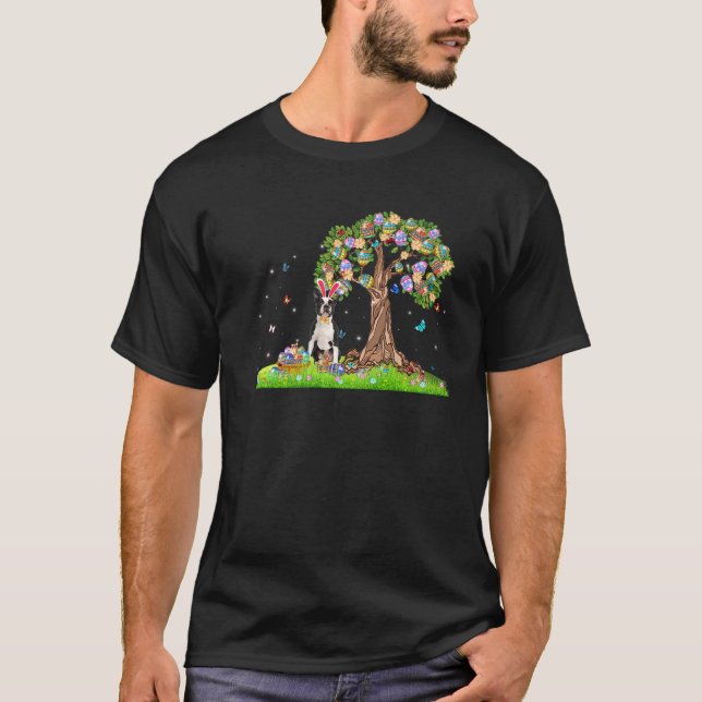 Cute Bunny Boston Terrier Dog Easter Eggs Tree Eas T-Shirt (Front)
