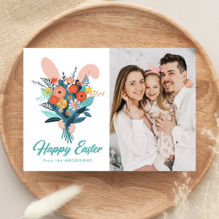 Cute Bunny Bouquet Easter Photo Holiday Card