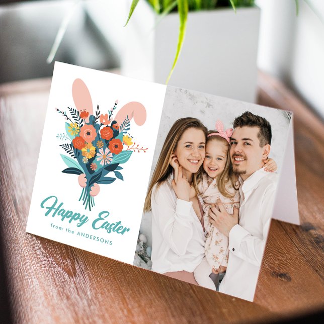 Cute Bunny Bouquet Easter Photo Holiday Card (Creator Uploaded)