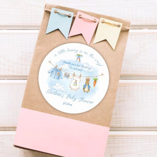 Cute Bunny Boy Clothesline Baby Shower Thank You  Classic Round Sticker