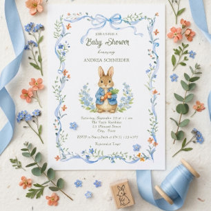 Cute Bunny Boy Floral Blue Bow Baby Shower Invitation