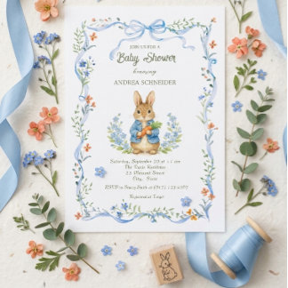 Cute Bunny Boy Floral Blue Bow Baby Shower Invitation