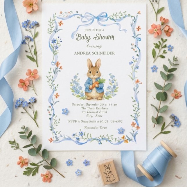 Cute Bunny Boy Floral Blue Bow Baby Shower Invitation (Creator Uploaded)