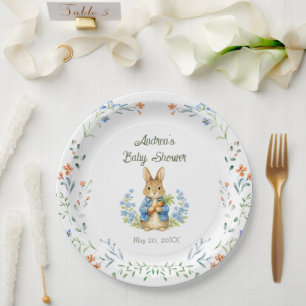Cute Bunny Boy Floral Blue Bow Baby Shower  Paper Plate