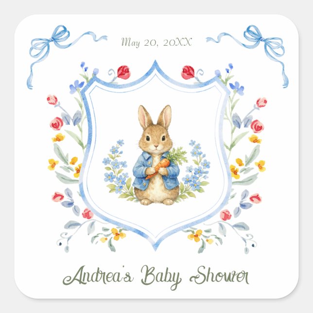 Cute Bunny Boy Floral Blue Bow Baby Shower  Square Sticker (Front)