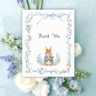 Cute Bunny Boy Floral Blue Bow Baby Shower Thank You Card