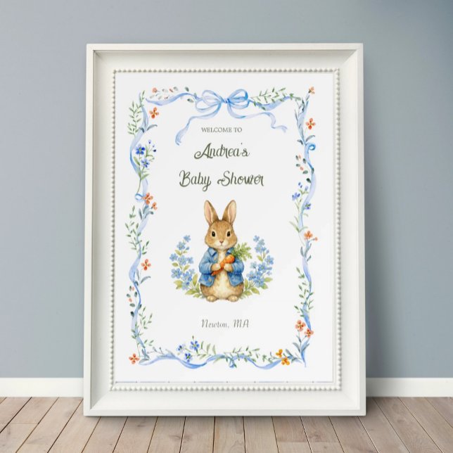 Cute Bunny Boy Floral Blue Bow Baby Shower Welcome Poster (Creator Uploaded)