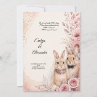 Cute Bunny Bride and Groom Pink Floral Gold Weddin