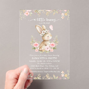 Cute Bunny, Butterfly, Pink Flowers, Baby Shower Acrylic Invitations
