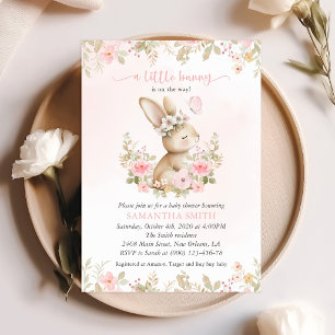 Cute Bunny, Butterfly, Pink Flowers, Baby Shower Invitation