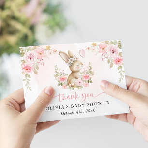 Cute Bunny, Butterfly, Pink Flowers, Baby Shower Thank You Card
