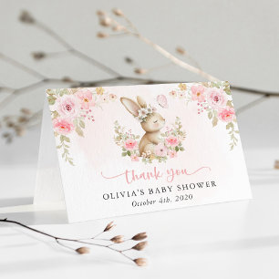 Cute Bunny, Butterfly, Pink Flowers, Baby Shower Thank You Card