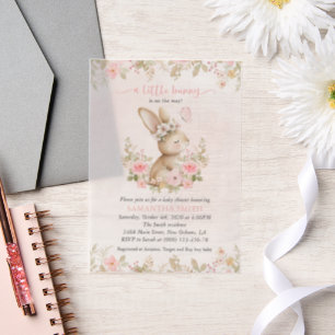 Cute Bunny, Butterfly, Pink Flowers, Baby Shower Vellum Invitations