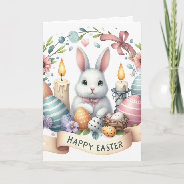 Cute Bunny Candle Illustration Easter Holiday Card (Front)