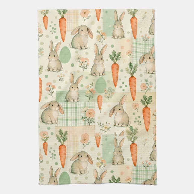 Cute Bunny & Carrot Cottage Pattern (1) Tea Towel (Vertical)
