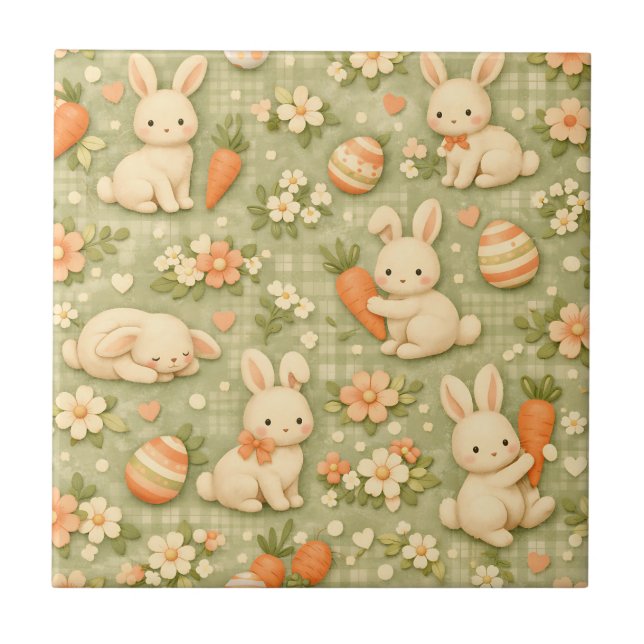 Cute Bunny & Carrot Cottage Pattern (2) Tile (Front)