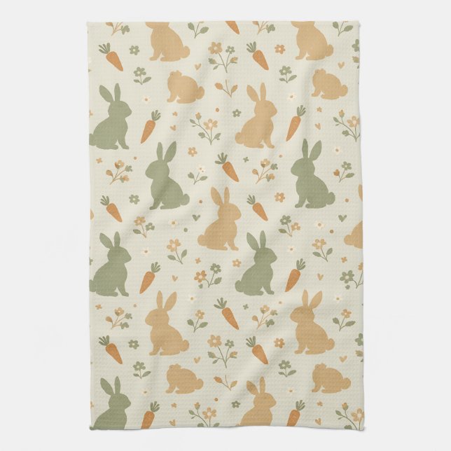 Cute Bunny & Carrot Cottage Pattern (4) Tea Towel (Vertical)