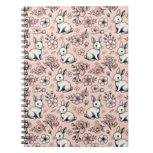 Cute Bunny & Cherry Blossom Doodle Notebook (Front)