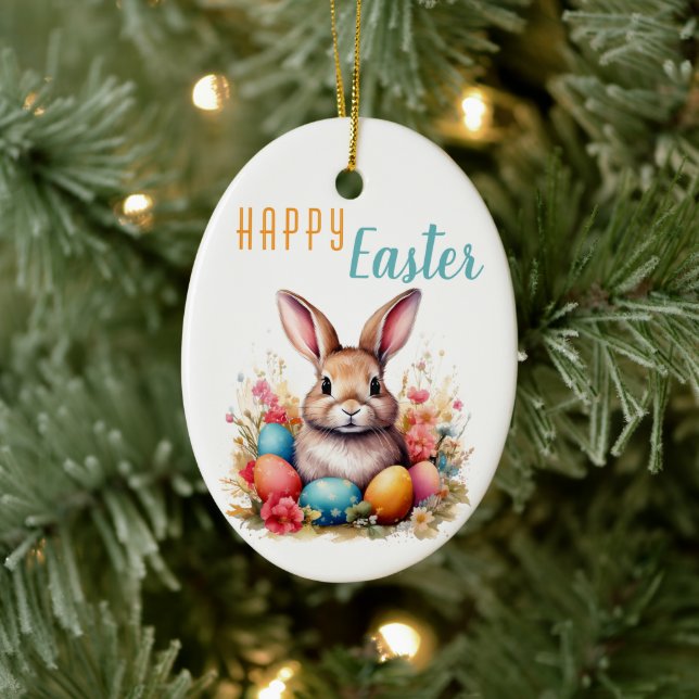 Cute Bunny Colourful Eggs Flowers Happy Easter Ceramic Tree Decoration (Tree)