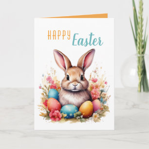 Cute Bunny Colourful Eggs Flowers Happy Easter Holiday Card
