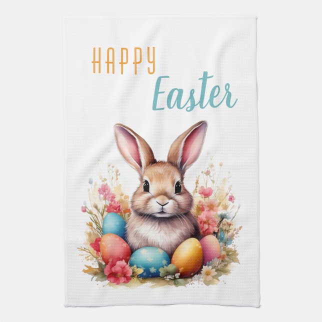 Cute Bunny Colourful Eggs Flowers Happy Easter Tea Towel (Vertical)