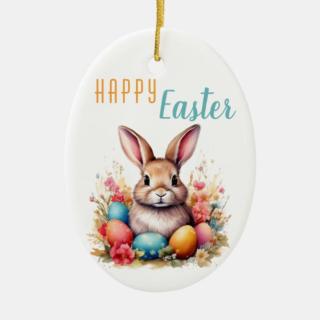 Cute Bunny Colourful Eggs Flowers Photo Easter Ceramic Tree Decoration (Front)