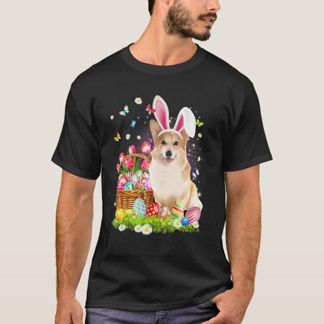 Cute Bunny Corgi Dog Easter Eggs Basket Easter Day T-Shirt (Front)