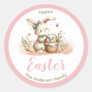 Cute Bunny Cotton Candy Pink Happy Easter Classic Round Sticker