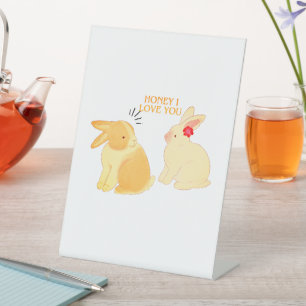 Cute Bunny Couple Love Quote - "Honey I Love You" Pedestal Sign