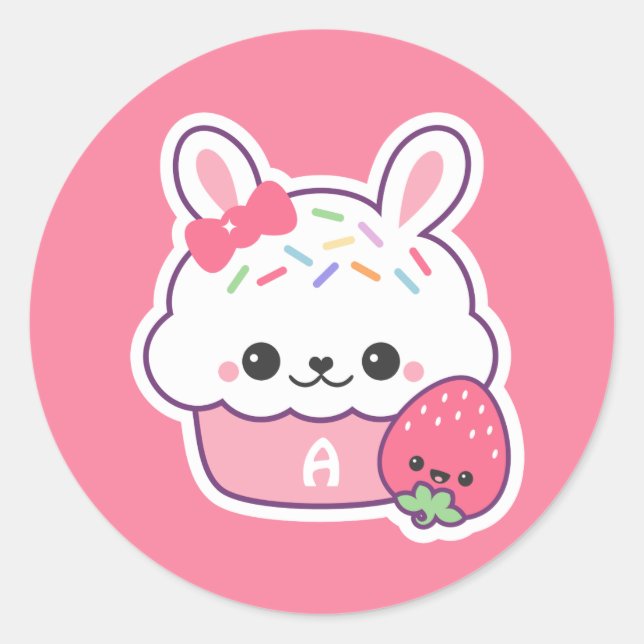 Cute Bunny Cupcake Monogram Classic Round Sticker (Front)