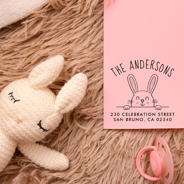 Cute Bunny Custom Family Name & Return Address Rubber Stamp (Creator Uploaded)