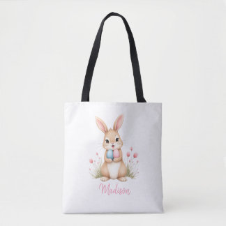 Cute bunny, custom name Easter egg hunt tote bag. Bag