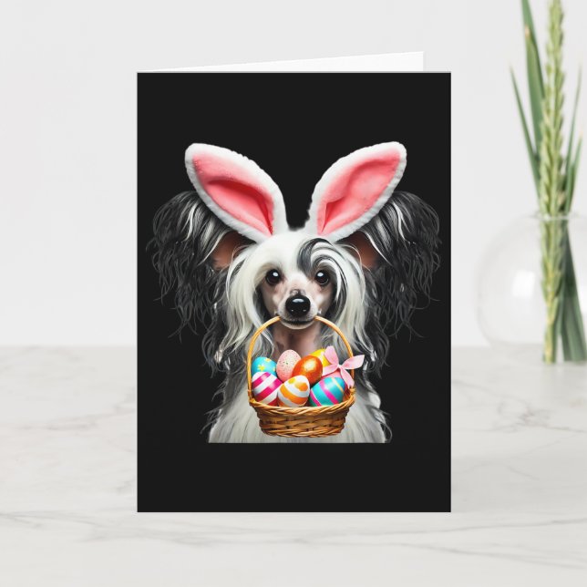 Cute Bunny Ear Chinese Crested Dog Easter Egg Hunt Card (Front)