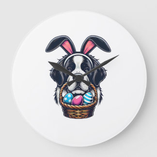Cute Bunny Ear Saint Bernard Dog Easter Egg Owner  Large Clock