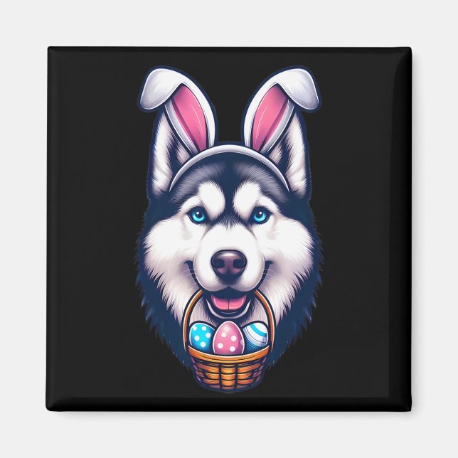 Cute Bunny Ear Siberian Husky Dog Easter Eggs Owne Magnet (Front)