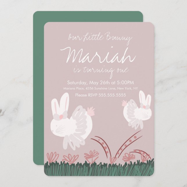 Cute Bunny Easter 1st Birthday Hand Drawn Invitation (Front/Back)