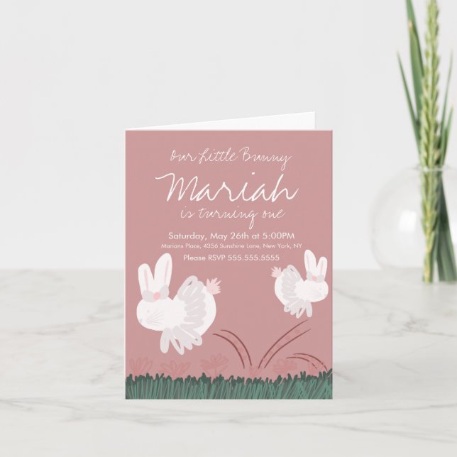 Cute Bunny Easter 1st Birthday Hand Drawn Kraft Invitation (Front)