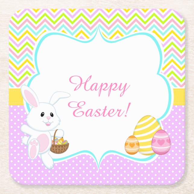 Cute Bunny Easter Egg Hunt Square Paper Coaster (Front)