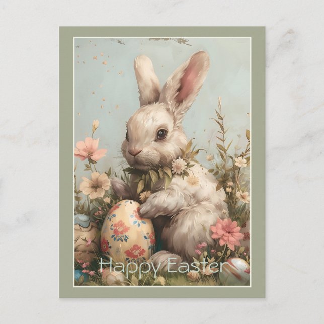 Cute Bunny Easter Eggs Floral  Holiday Postcard (Front)