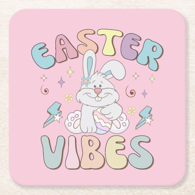 Cute Bunny Easter Vibes Pastel Spring Party Square Paper Coaster (Front)