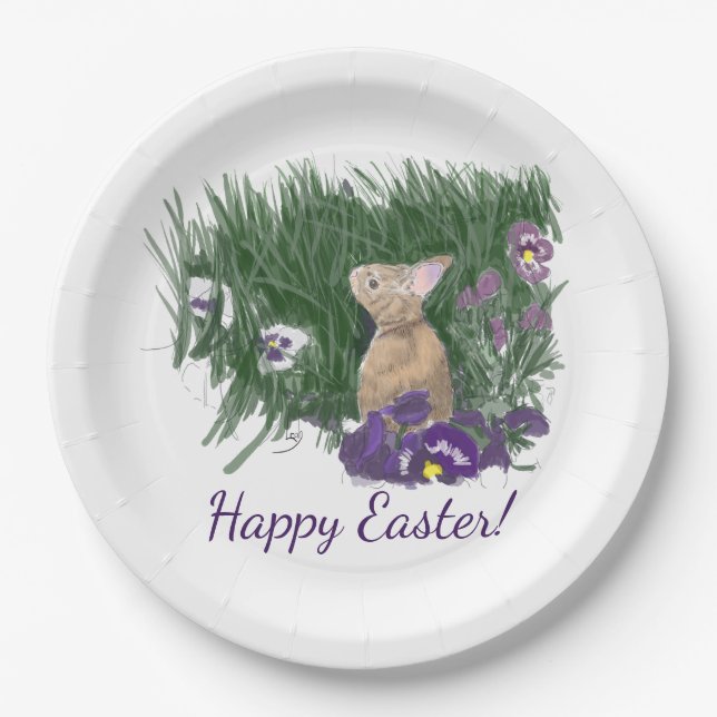 Cute Bunny Easter Wishes Holiday Greetings Paper Plate (Front)