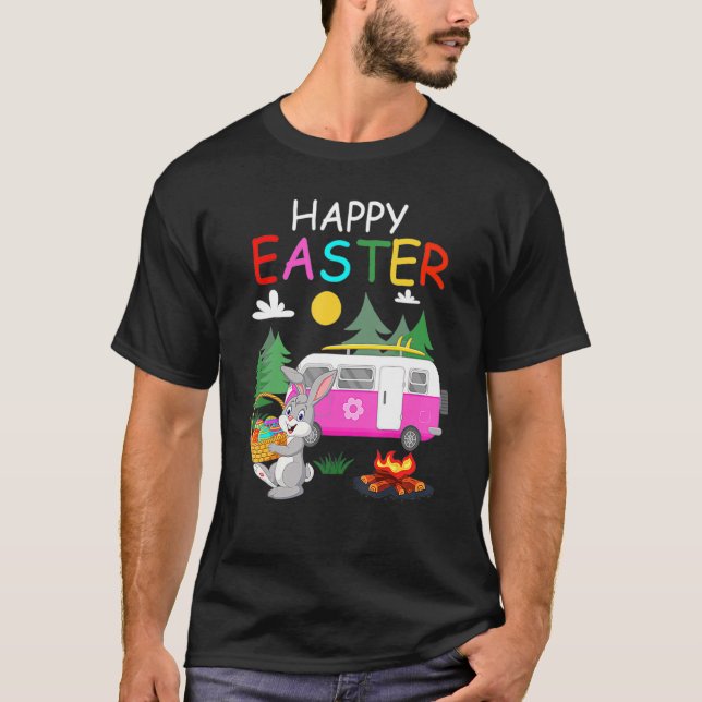 Cute Bunny Eggs Easter Camping Happy Easter Day T-Shirt (Front)